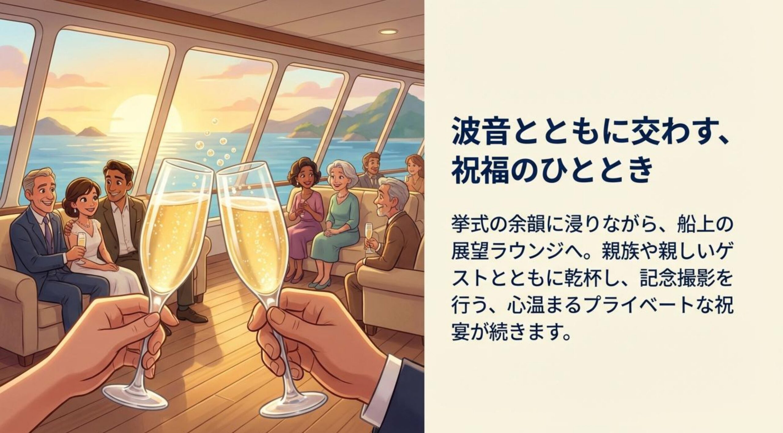 瀬戸内海　船上ウェディング　船上結婚式　フェリーのデッキで乾杯