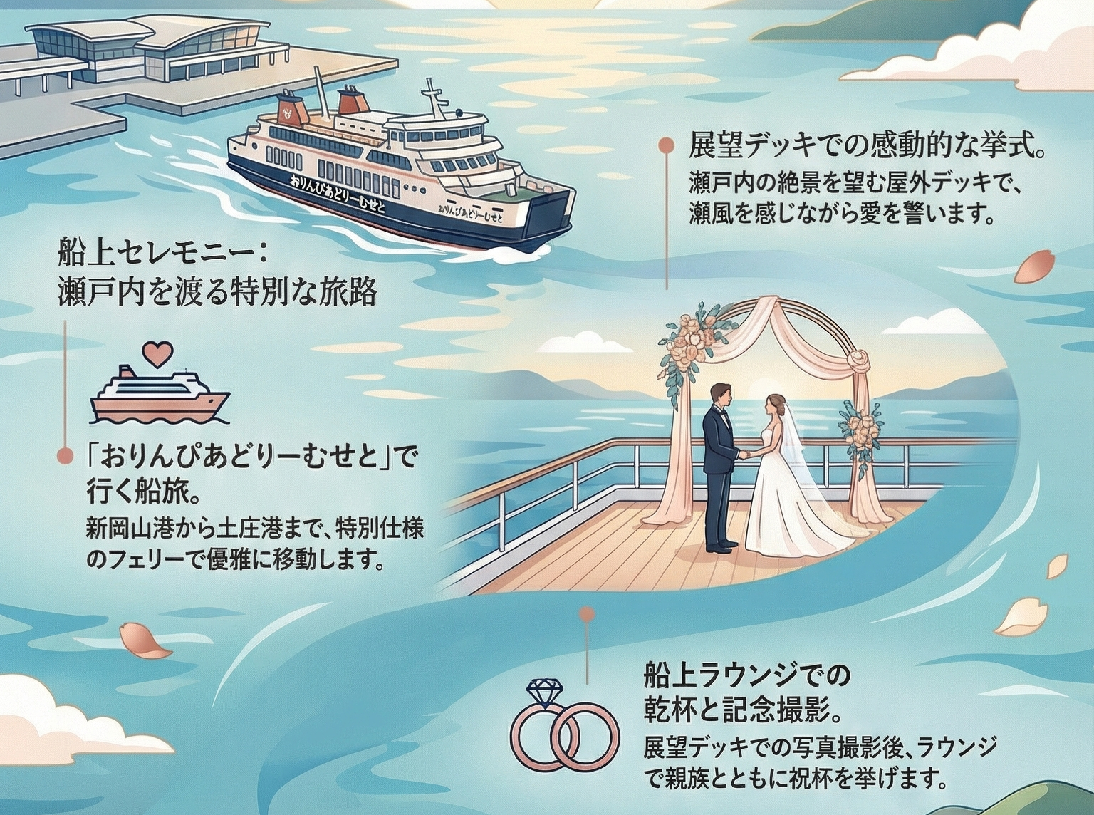 瀬戸内リトリート・デスティネーション　ウエディング　船上結婚式　瀬戸内海を舞台にした新しいウェディングスタイル「船婚（ふなこん）」