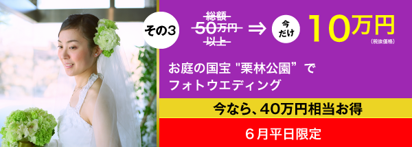 June Bride／6月平日 限定／その3／100,000円（税抜価格）／お庭の国宝"栗林公園"でフォトウエディング