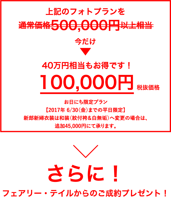 上記のフォトプランを通常価格500,000円以上相当のところ→今だけ100,000円（税抜価格）／40万円相当もお得です！／お日にち限定プラン／【2017年 6/30（金）までの平日限定】／新郎新婦衣装は和装（紋付袴＆白無垢）へ変更の場合は、追加45,000円にて承ります。／さらに！／フェアリー・テイルからのご成約プレゼント！