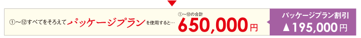 （1）〜（12）すべてをそろえてパッケージプランを使用すると…　（1）〜（12）の合計650,000円　パッケージプラン割引▲195,000円