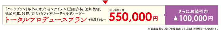 『パックプラン』以外のオプションアイテム（追加衣装、追加美容、追加写真、装花、司会）もフェアリー・テイルでオーダー　トータルプロデュースプランを使用すると…　（1）〜（12）の合計550,000円　さらにお値引き！▲100,000円　※表示金額は、全て税抜表示です。別途消費税を申し受けます。